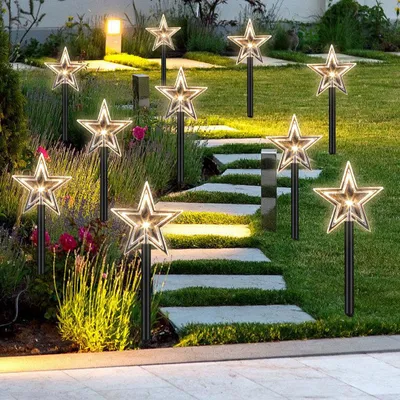 Image de Ikodm, lot de 10 étoiles de Noël, lumière blanche chaude, LED, avec fonction minuterie 6/18 heures, 36 cm
