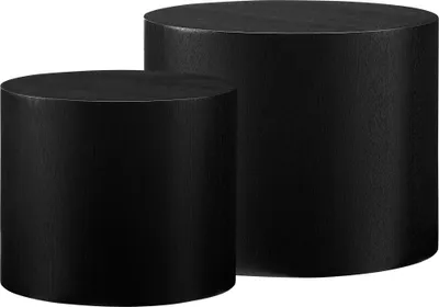 Two black cylindrical tables of different sizes are shown against a white background.