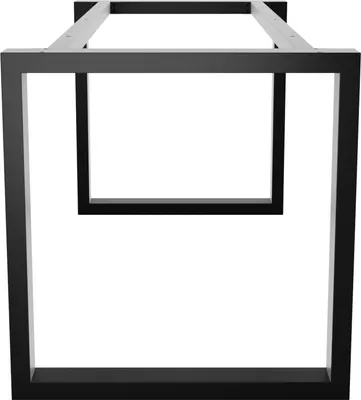 Black metal table legs forming a square frame, seen from a low angle.