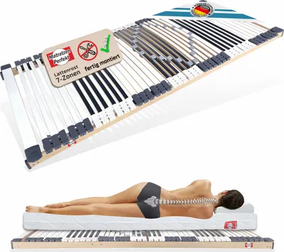 A slatted bed base and a person lying on a mattress on top of a similar bed base, with a diagram of the spine highlighted.
