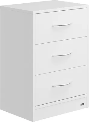 A white three-drawer nightstand with silver handles, shown from a three-quarter angle against a white background.