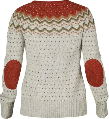 A back view of a knitted sweater with a patterned yoke and elbow patches.