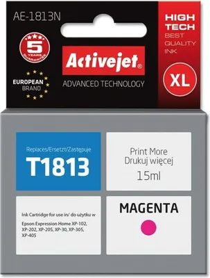Obrázek produktu pro Activejet Inkoust AE-1813N (náhradní inkoust Epson 18XL T1813; Supreme; 15 ml; červený), Vysoká (XL) výtěžnost, Purpurová, Inkoust na pigmentové bázi, 15 ml, 1 kusů