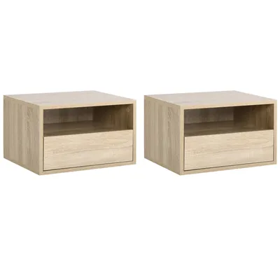 Image de HOMCOM Lot de 2 Tables de Chevet murales - Lot de 2 Tables de Nuit - tiroir Coulissant, Niche, Plateau - Panneaux Particules Aspect chêne Clair