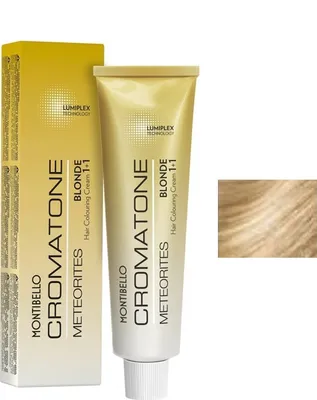 A box and tube of Montibello Cromatone hair coloring cream, with a swatch of blonde hair.