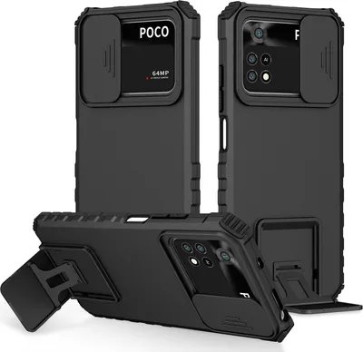 Produktbild von Xiaomi Poco M4 Pro 4G Hülle, Dual Layer Ständer Schutzhülle mit Schiebe Kamera Schutz für Xiaomi Poco M4 Pro 4G Schwarz