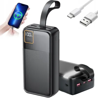 A power bank is shown charging a smartphone, with charging cables nearby.