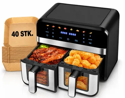 Produktbild von Heißluftfritteuse XXL doppel Airfryer 2600W / 9L (2x 4,5L Kammer) 8 Programme digitale Heißluft Fritteuse ohne Fett inklusive 40 Blatt Backpapier