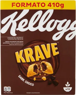 Produktbild von 6x Kellogg's Krave Dark Choco Flavour Cerealien Weizen-, Hafer- und Reisbündel mit Schokoladenfüllung 410g
