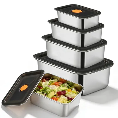 Imagen del producto de Juego de 4 cajas de almacenamiento de acero inoxidable con tapa, ideales para alimentos