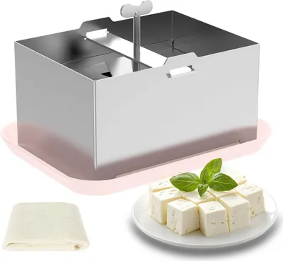 Produktbild von Tofupresse aus Edelstahl mit Käsetuch & Abtropfschale, Für hausgemachten festen Tofu, Paneer & Käse, Spülmaschinenfest