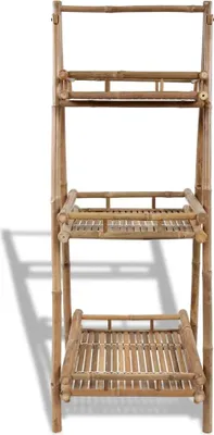 A three-tiered bamboo plant stand.
