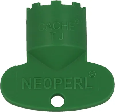 A green plastic tool with text on it.