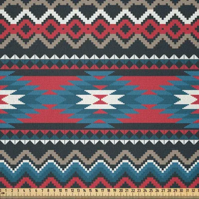 Produktbild von ABAKUHAUS Antiquität Microfaser Stoff als Meterware , Alte Art aztekisch folkloristische gestreifte Antike Maya Muster, 2 M (230 x 200 cm), Schwarz Korallenrot Blau