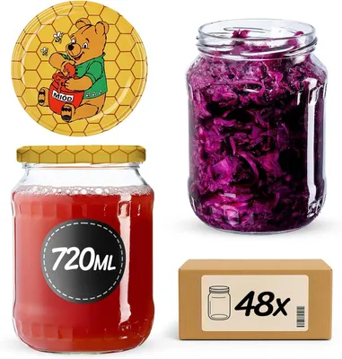 Zdjęcie produktu dla Słoiki na przetwory KADAX z pokrywką "Jukka", słoiki na dżem, słoiki na przetwory, 720 ml, Kubuś Puchatek, 48 sztuk