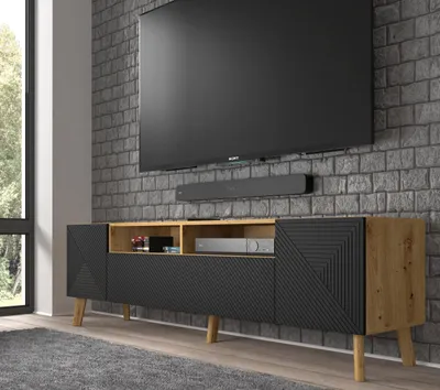 Zdjęcie produktu dla Szafka pod TV LUXI 195 cm Artisan Oak / Black Matt 2D1K Sideboard Highboard TV Stand z frezowanej płyty MDF z otwartymi półkami bufet stolik pod TV