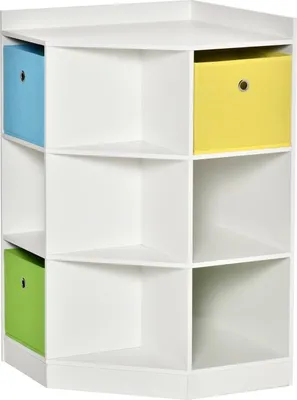 Immagine prodotto di Scaffale angolare per bambini con 3 contenitori - Scaffale portaoggetti per la cameretta, per bambini dai 3 ai 12 anni - Bianco - 57,4 x 57,4 x 94 cm