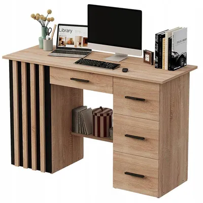 Zdjęcie produktu dla Biurko komputerowe z lamelami półką nowoczesne z 4 szufladami loft 120 cm
