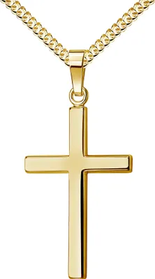 A gold cross pendant on a gold chain, isolated on a white background.