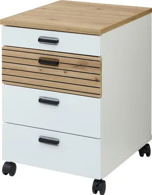 Produktbild von Büro Rollcontainer mit 45 cm Breite in Weiß mit Eiche, Rillen, 4 Schubladen mit Softclose - GLENDALE-36