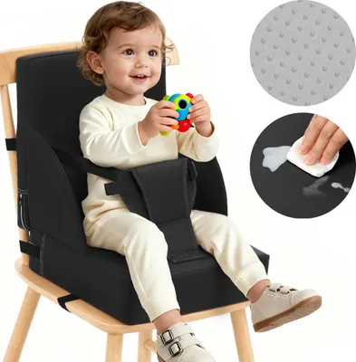 Produktbild von Caveen Kinder Sitzerhöhung für Esstisch, wasserdichtes Booster Sitzkissen Stuhlerhöhung mit verstellbaren Gurten, rutschfest, tragbar, Schwarz