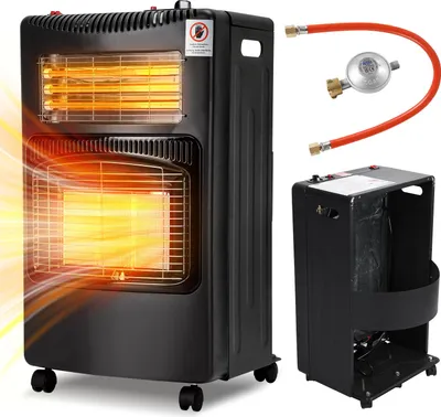 Produktbild von Vigevee Gasofen Elektro Kombi 4200/1200 Watt, Piezozündung, Kippschutz, ODS, 4 Lenkrollen, schwarz, inkl. 2 EU-Adaptern