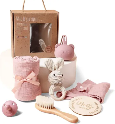 Productafbeelding van Baby cadeau set pasgeboren jongen, houten speelgoed, badhanddoek, mijlpaal deken, voor baby shower