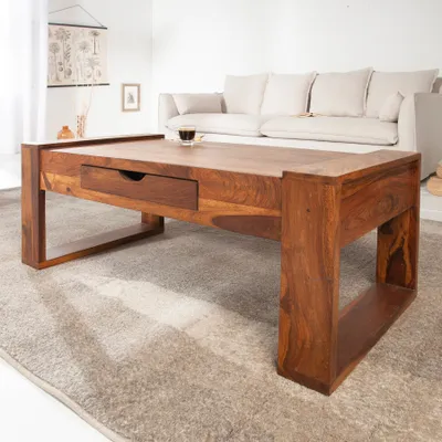 Produktbild von riess-ambiente Massivholz Couchtisch MARKANT 100cm braun Sheesham stone finish Schublade Stauraum