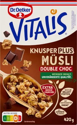 Zdjęcie produktu dla Dr Oetker Vitalis KnusperPlus Double Choc chrupiące musli opakowanie 420g