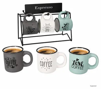 Produktbild von 6tlg Set James Espressotassen 110ml Steingut mit Metallständer Bunt