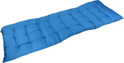 A blue tufted bench cushion is shown lying diagonally on a white background.