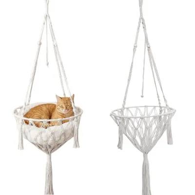 Produktbild von Makramé-Hängematte für Katzen, Schaukelbett für Katzen, handgestricktes, aufgehängtes Katzennest, Katze Hängematte Katzenschaukelbett Pet Bett 40CM