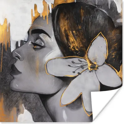 Produktbild von MuchoWow® Poster Gemälde - Ölgemälde - Frau - Blume - Gold 50x50 cm - Wohnzimmerdekoration