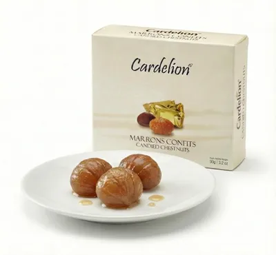 Obrázok produktu pre Cardelion Marrons Glacés kandizované gaštany 90 g, 5 ks – vegánske, bezlepkové, halal