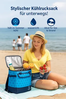 Produktbild von Anemoss Marine Collection Sailboat Kühlrucksack, Isolierte Transporttasche für Heiße & Kalte Lebensmittel, Thermo Lunchbox, Kühlbox für Outdoor, Strand, Picknick, Camping, 25 L, Blau