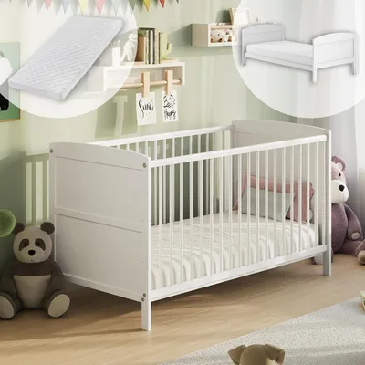 Produktbild von Umbaubares Babybett 60x120 mit Matratze als Gitter- und Kinderbett, höhenverstellbar und mit herausnehmbaren Sprossen, optionale Schublade | weitere Größe: 70x140cm | 60x120cm: von Geburt bis zum 3. Lebensjahr, Weiß