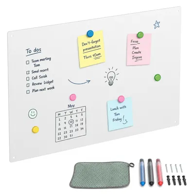 Productafbeelding van Relaxdays Magnetische tafel, beschrijfbaar whiteboard, magnetische wand inclusief 3 stiften, 50x30, memobord voor kantoor of keuken, staal, wit