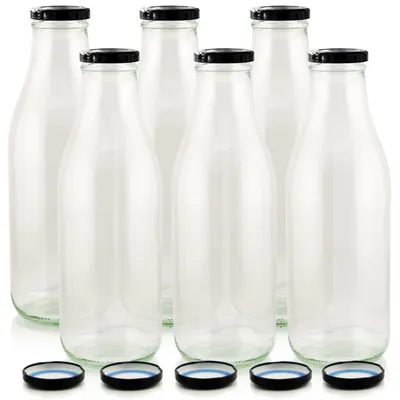 Milch Glasflaschen transparent im Set mit 6 Flaschen und Ersatzdeckeln schwarz