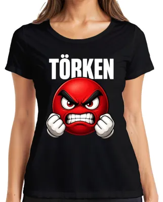 Produktbild von TÖRKEN wütender Emoji rot geballte Fäuste Comic Damen T-Shirt roter Smiley Comic grunge, Schwarz, L