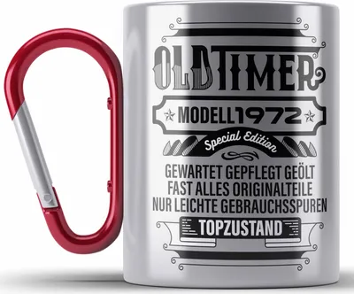 Produktbild von TRENDATION 50. Geburtstag Edelstahl Tasse Karabiner Frau Mann Geschenk 50er Geschenkidee 50 Mutter Vater (Rot)