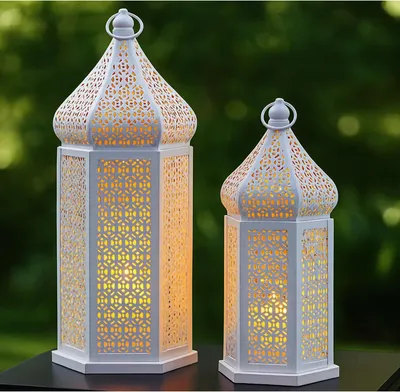 Productafbeelding van Grote Marokkaanse tempeltorenlantaarn, decoratieve kandelaar voor ramadan, om op te hangen, terras of veranda buiten, bruiloften, wit, set van 2