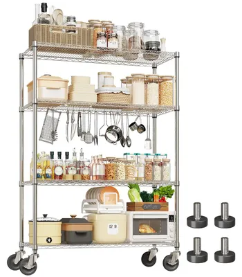 Image de Étagère métallique sur roulettes - Étagère à 4 niveaux en fil de fer - Acier robuste pour charges lourdes - Étagères réglables - Idéale pour la cuisine, le garage, la cave - Finition chromée
