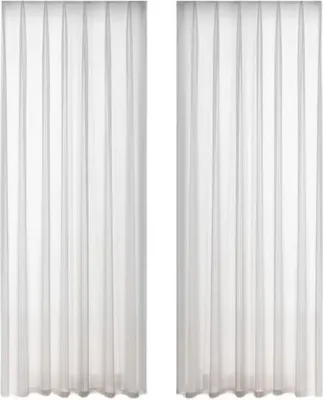 Two white sheer curtains are displayed side-by-side against a white background.