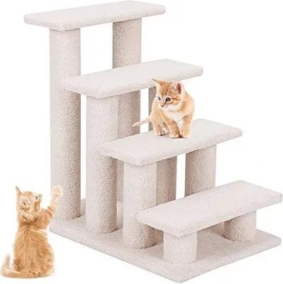 A cream-colored cat tree with four steps is shown against a white background. Two orange kittens are interacting with the cat tree.