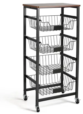 Image de Chariot de rangement pour cuisine - Chariot à roulettes pour cuisine, 4 niveaux - Pliable - En acier inoxydable - Avec roulettes - Multifonctionnel pour fruits et légumes - Noir