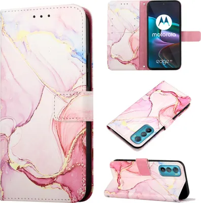 Produktbild von Motorola Edge 30 Hülle, Marmor Motiv Kunstleder Tasche Wallet Kartenfächer mit Standfunktion Klapp Schutzhülle für Motorola Edge 30 Pink Weiß
