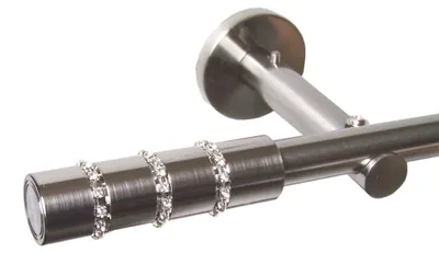 Produktbild von Gardinenstange Set Edelstahl Look Metall Ø 16mm zur Wandbefestigung 1-lauf Modern Kappe mit Kristall , Länge wählbar H12E25