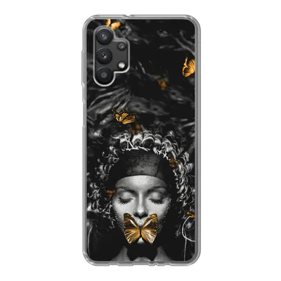 Produktbild von MuchoWow® Handyhülle Schutzhülle Hülle für Samsung Galaxy A32 5G Frau - Schmetterlinge - Schwarz - Weiß Silikon Softcase Handy Hülle - Softcase