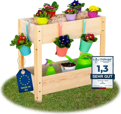Produktbild von ITA Hochbeet aus Holz 80x37x78 cm - Pflanzkasten mit 2 Ebenen & Innenfolie -  EU - Direkt vom Hersteller -Kiefernholz - Pflanzbeet Blumenkasten für Garten Balkon Terrasse - Natur