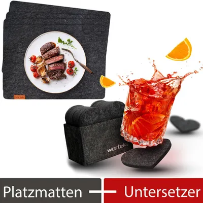 Produktbild von wortek Filz Platzset Anthrazit Edles Tischset (44x32cm) 4er Set + Filz-Untersetzer 10er Set Herz inkl. Aufbewahrungsbox